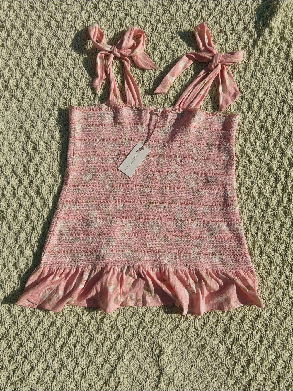 LoveshackFancy Pink Smocked Tie-Shoulder Ruffle Mini Dress
